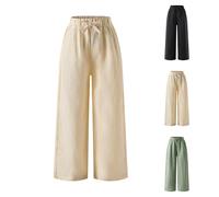 Linen Pants for Girls Elastic Waist Wide Leg Baggy Palazzo Pants Kids Casual Drawstring Straight Leg School Trousers with Pockets Teen Girl Trendy Vacation Travel Summer Beach Trousers
