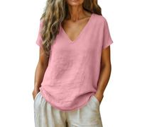 Linen Shirts for Women Summer Casual V Neck Short Sleeve Linen Tops Spring Tunic Blouses Loose Fit Boho Cotton Trendy Clothes (Pink,XL)