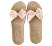 Linen Slippers Women Open Toe Woven House Slippers with Bowknot Breathable Slip On Flat Sliders for Ladies Fashion Straw Sole No Slip Bathroom Sliders for Beach Pool
