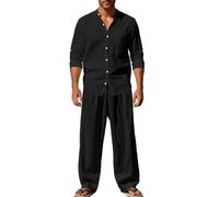 Linen suit men's two-piece breathable cotton linen stand up collar shirt and linen pants set(Black,L)