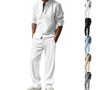 Linen suit men's two-piece breathable cotton linen stand up collar shirt and linen pants set(White,2XL)