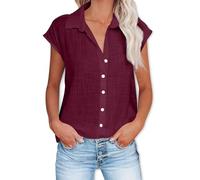 Linen Tops for Women 2026 Casual Short Sleeve Shirts Loose Lapel Button Down Fashion Solid Blouse with Pockets (Burgundy,M)
