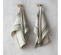 LinenMe Juego de 2 paños de cocina de lino 100%, 45 x 66 cm, con colgador, paños de cocina y paños de cocina en color natural/verde bosque a rayas, fabricado en Lituania