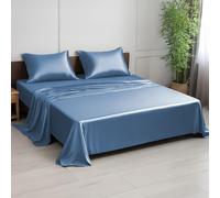 LINENWALAS Juego de sábanas de bambú 100% natural, 4 piezas, ropa de cama de lujo más suave perfecta para el cuidado de la piel, sábana encimera y fundas de almohada (doble, azul Bahamas)