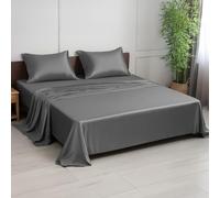 LINENWALAS Juego de sábanas tamaño King, 300 hilos, 100 % bambú, juego de sábanas de seda de tejido satinado refrescante con 1 sábana bajera, 1 sábana encimera y 2 fundas de almohada (gris carbón)