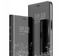 LINER Funda para OPPO A54s / OPPO A16 / OPPO A16s Estuche, Espejo Carcasa Ultra Slim Ligero Flip Libro Funda Clear Standing Cover Mirror PC + PU Protectora Bumper Soporte Plegable Case - Negro