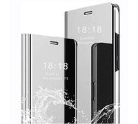 LINER Funda para Samsung Galaxy S21 Ultra 5G Estuche, Espejo Carcasa Ultra Slim Ligero Flip Libro Funda Clear View Standing Cover Mirror PC + PU Protectora Bumper Soporte Plegable Case - Plata