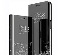 LINER Funda para Samsung Galaxy S21 Ultra 5G Estuche, Espejo Carcasa Ultra Slim Ligero Flip Libro Funda Clear View Standing Cover Mirror PC + PU Protectora Bumper Soporte Plegable Case - Negro