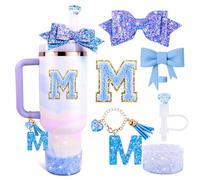 Lingdeer Blue Cup - Juego de accesorios para vaso Stanley de 30 onzas y 40 onzas con asa, dijes de letras, cubiertas de popote de lazo y diamante, funda de silicona con purpurina, calcomanía