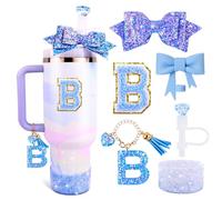 Lingdeer Blue Cup - Juego de accesorios para vaso Stanley de 30 onzas y 40 onzas con asa, dijes de letras, cubiertas de popote de lazo y diamante, funda de silicona con purpurina, calcomanía