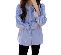 Lingjiazi Camisas a rayas con botones para mujer, de manga larga, con cuello, para negocios, oficina, trabajo, camisas con bolsillo, Azul, S