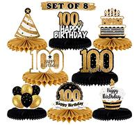 LINGTEER Cartel de regalo para decoración de mesa de cumpleaños con diseño de panal con texto en inglés «Happy 100th Birthday» para 100 años de edad.