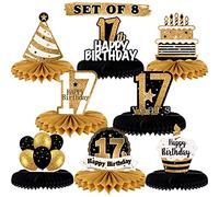 LINGTEER Cartel de regalo para decoración de mesa de cumpleaños con diseño de panal con texto en inglés «Happy 17th Birthday» y texto en inglés «Seventeen Years».