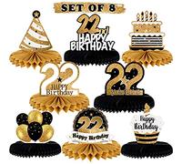 LINGTEER Cartel de regalo para decoración de mesa de cumpleaños con diseño de panal de 22 años de edad con texto en inglés "Happy 22nd Birthday"