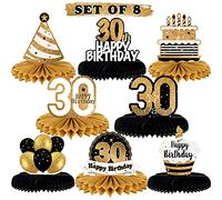 LINGTEER Cartel de regalo para decoración de mesa de cumpleaños con diseño de panal de 30 años de edad con texto en inglés "Happy 30th Birthday"