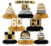 LINGTEER Cartel de regalo para decoración de mesa de cumpleaños con diseño de panal de abeja con texto en inglés "Happy 60th Birthday" y 60th Birthday Sixty Year".