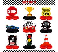 LINGTEER Juego de 9 centros de mesa de cumpleaños rápido con diseño de nido de abeja para coche de carrera, 9 piezas Let's Go Racing Happy 2nd Birthday Party Decoración de mesa.