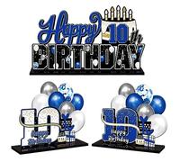 LINGTEER Juego de centros de mesa de acrílico azul con texto en inglés "Happy 10th Birthday", decoración de regalo de fiesta de cumpleaños número 10.