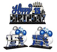 LINGTEER Juego de centros de mesa de acrílico azul con texto en inglés "Happy 15th Birthday" - Cheers to Fifteen Years Old Birthday 15th Bday Party Gift Decorations.