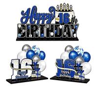 LINGTEER Juego de centros de mesa de acrílico azul con texto en inglés "Happy 16th Birthday", decoración de regalo para fiesta de cumpleaños de 16 años.