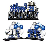 LINGTEER Juego de centros de mesa de acrílico azul con texto en inglés "Happy 21st Birthday", decoración de regalo para fiesta de cumpleaños 21