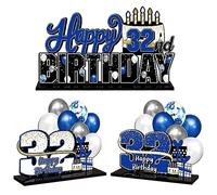 LINGTEER Juego de centros de mesa de acrílico azul con texto en inglés "Happy 32nd Birthday", decoración de regalo para fiesta de cumpleaños de 32 años.