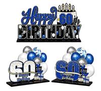 LINGTEER Juego de centros de mesa de acrílico azul con texto en inglés "Happy 60th Birthday" - Cheers to Sixty Years Old Birthday 60th Bday Party Gift Decorations.
