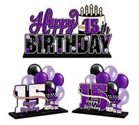 LINGTEER Juego de centros de mesa de acrílico morado de 15 cumpleaños, decoración de regalo de fiesta de cumpleaños de 15 años, cumpleaños de 15 años.