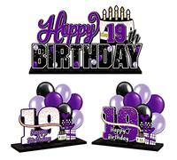 LINGTEER Juego de centros de mesa de acrílico morado de cumpleaños número 19 - Cheers to 19 Years Old Birthday 19th Bday Party Gift Decorations.