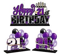 LINGTEER Juego de centros de mesa de acrílico morado de feliz 21 cumpleaños, decoración de regalo de fiesta de cumpleaños 21 años.