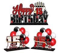 LINGTEER Juego de centros de mesa de acrílico rojo con texto en inglés "Happy 15th Birthday" - Cheers to Fifteen Years Old Birthday 15th Bday Party Gift Decorations.