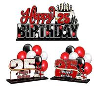 LINGTEER Juego de centros de mesa de acrílico rojo con texto en inglés "Happy 25th Birthday", decoración de regalo para fiesta de cumpleaños 25 años.