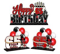 LINGTEER Juego de centros de mesa de acrílico rojo con texto en inglés "Happy 65th Birthday", decoración de regalo de fiesta de cumpleaños 65