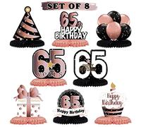 LINGTEER Letrero de regalo para decoración de mesa de 65 años, diseño de panal de abeja de oro rosa con texto en inglés "Happy 65th Birthday".