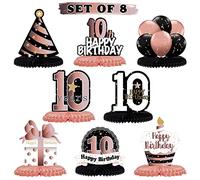 LINGTEER Letrero de regalo para decoración de mesa de cumpleaños número 10, diseño de panal de abeja de oro rosa con texto en inglés "Cheers to 10th Birthday".