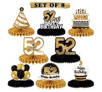 LINGTEER Letrero de regalo para mesa de cumpleaños número 52, diseño de panal de abeja con texto en inglés "Cheers to 52nd Birthday"