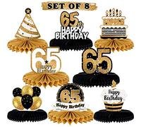 LINGTEER Letrero de regalo para mesa de cumpleaños número 65, diseño de panal de abeja, saludos a 65 cumpleaños, decoración de mesa de fiesta de 65 años.