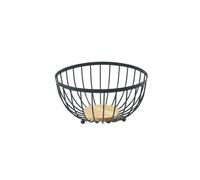 LINHOME Cesta de Frutas de Hierro Negro con Base de Madera, Frutero de Barras Verticales con Bandeja Redonda de Madera, para Cocina, Comedor, Salón y Barra de Desayuno 25x12.4cm XZ-23192