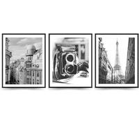 Linilioart 3 cuadros de paisaje urbano de París en blanco y negro, para decoración de pared, famosos pósteres de arquitectura para baño, sin marco (20 x 25 cm)