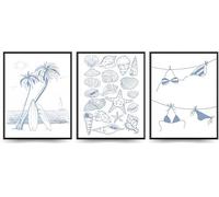 Linilioart 3 lienzos de playa costeros azules para pared, diseño de conchas marinas, bikini, coqueta, impresión estética para dormitorio, sin marco (20 x 25 cm)