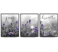 Linilioart Juego de 3 cuadros de lavanda morada para pared, con citas inspiradoras, lienzo impreso en lienzo Just Breathe Farmhouse para dormitorio, baño, sin marco (50 x 70 cm)