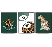 Linilioart Juego de 3 lienzos modernos para pared, diseño de guepardo, color verde esmeralda, 8 bolas, impresión retro para dormitorio, sin marco (20 x 25 cm)