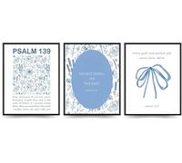 Linilioart Juego de 3 pósteres florales de moda para decoración de pared, con lazo azul, cuadros cristianos inspiradores para dormitorio, sin marco (50 x 70 cm)