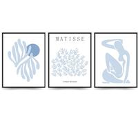Linilioart Matisse - Juego de 3 pósteres abstractos de Henri Matisse azul claro, 3 hojas de plantas, imágenes estéticas para dormitorio, sala de estar, sin marco (30 x 40 cm)