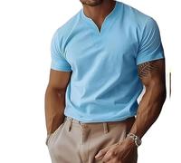 Lininco Mens Shirts, Braylen Quick-Dry High Stretch Muscle Fit V Neck Henley tee for Business & Fitness (Sky Blue,L)
