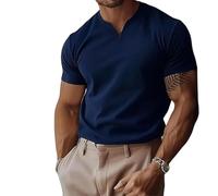 Lininco Mens Shirts, Braylen Quick-Dry High Stretch Muscle Fit V Neck Henley tee for Business & Fitness (Navy Blue,XL)