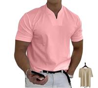 Lininco Mens Shirts, Braylen Stylish T-Shirt, High Stretch Slim Fit V Neck Solid Color Muscle Blouses for Travel (Pink,4XL)