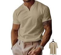 Lininco Mens Shirts, Braylen Stylish T-Shirt, High Stretch Slim Fit V Neck Solid Color Muscle Blouses for Travel (Khaki,2XL)