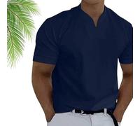 Lininco Mens Shirts, Braylen Stylish T-Shirt, High Stretch Slim Fit V Neck Solid Color Quick Dry (4XL,Navy Blue)