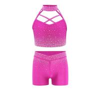 Linjinx Conjuntos de baile para niñas con lentejuelas Ropa de baile de jazz y hip hop con lentejuelas Tops sin mangas, deportivos, cortos, ropa deportiva, Rosa brillante, 110-116